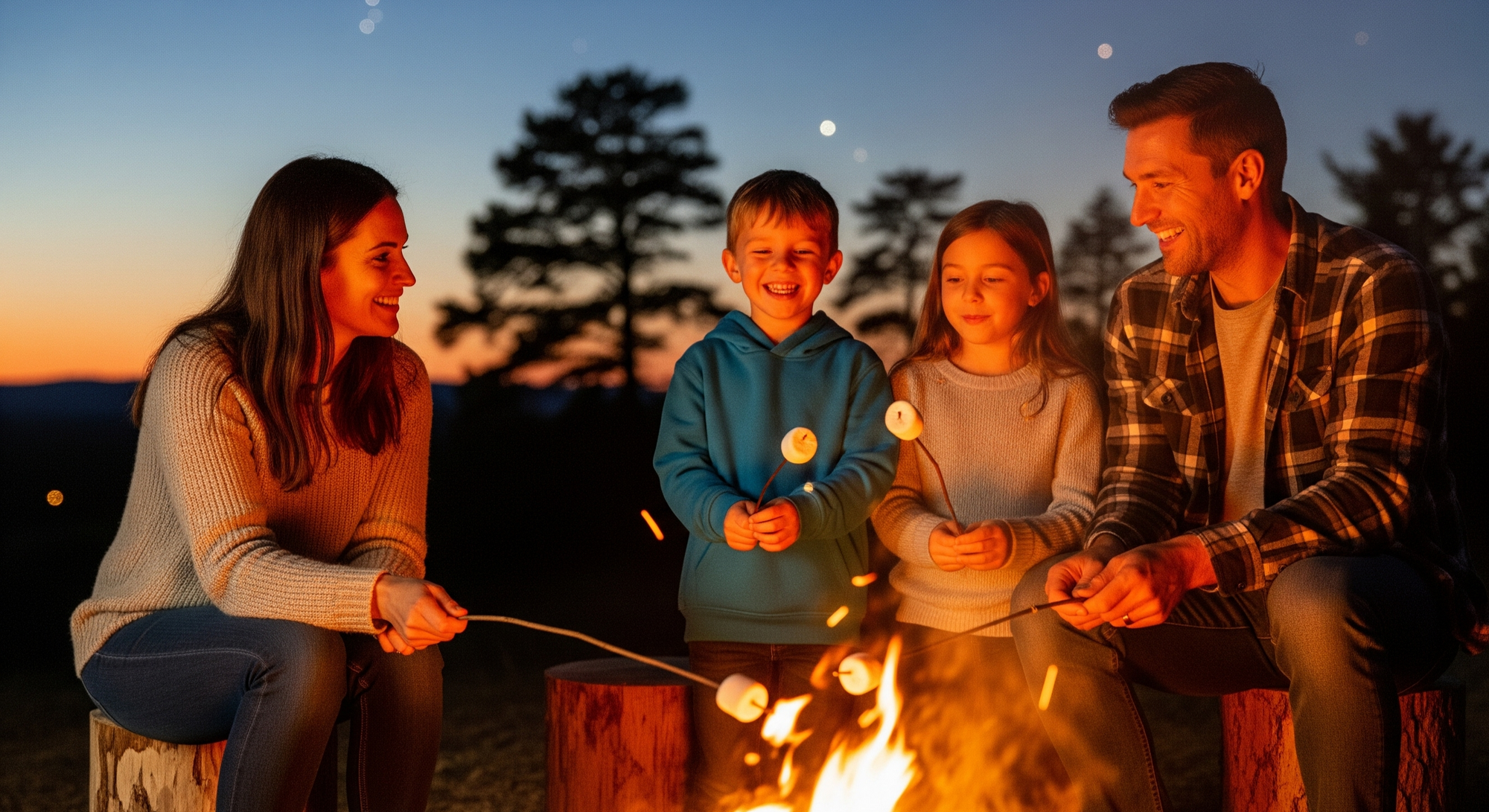 Family roasting marshmallows around a campfire at sunset