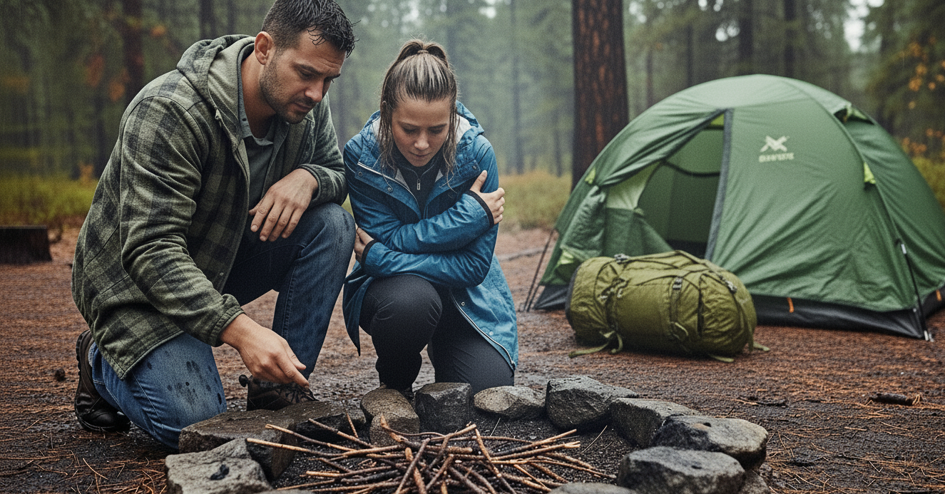 Man and woman by a campfire with a green tent in the woods